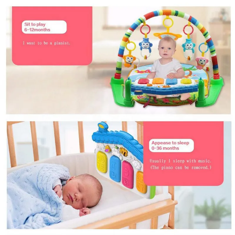 Baby Play Mat Gym & Fitness Rack with Hanging Rattles Lights & Musical Keyboard - Beach Theme