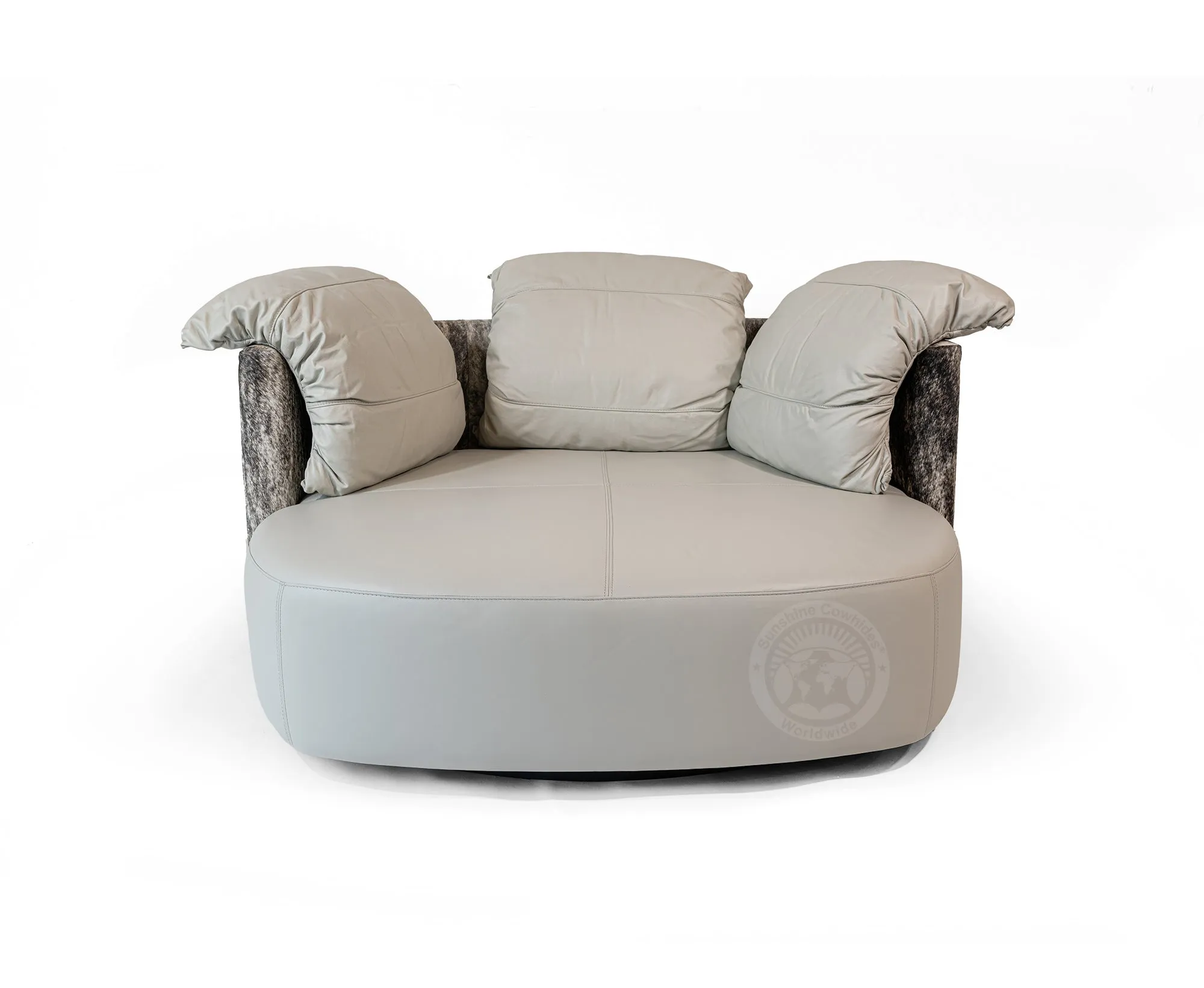 Swivel Leather Love Chair with Hair On Cowhide Accents - Ivory