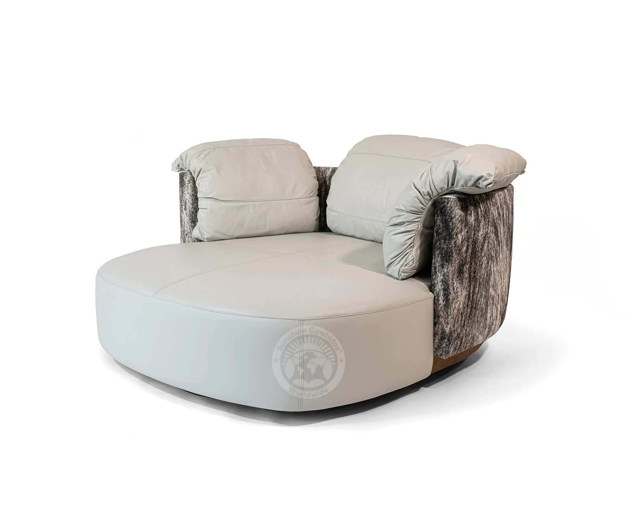 Swivel Leather Love Chair with Hair On Cowhide Accents - Ivory