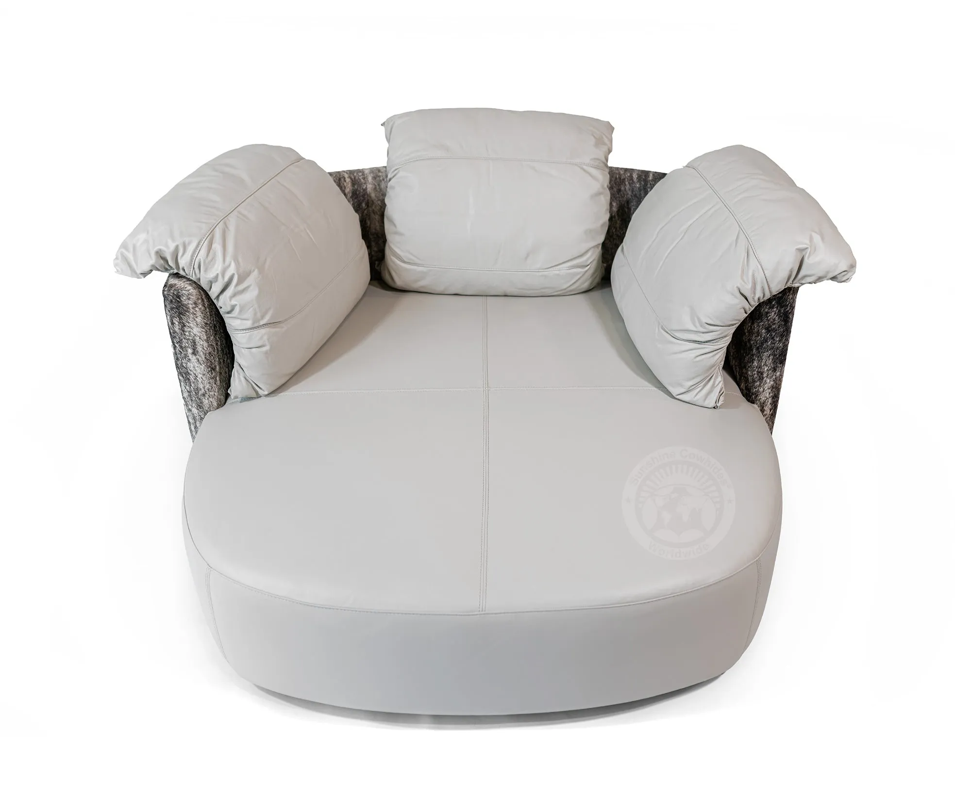 Swivel Leather Love Chair with Hair On Cowhide Accents - Ivory