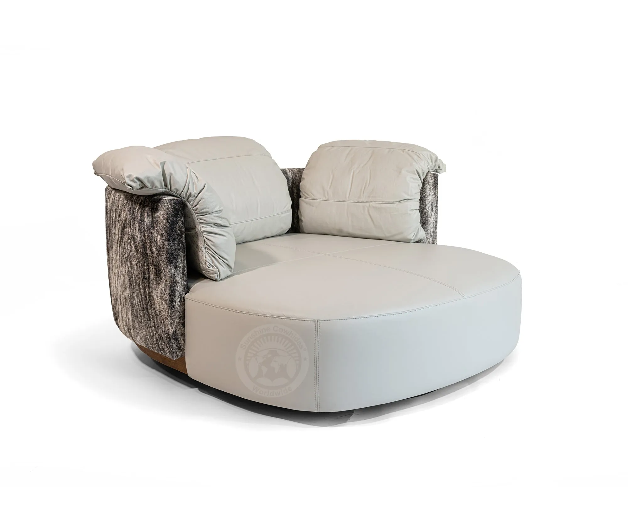 Swivel Leather Love Chair with Hair On Cowhide Accents - Ivory